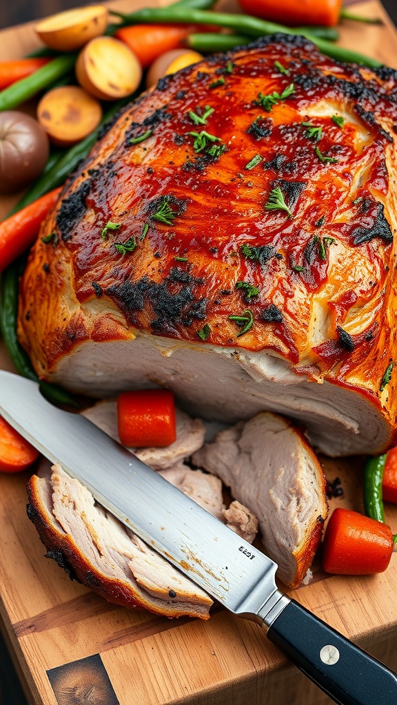 Slow-roasted pork shoulder with crispy crust served with roasted vegetables on a wooden cutting board.
